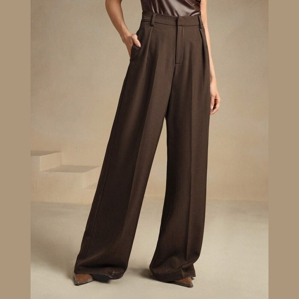 Brown Wide-Leg Suit Pants, Loose Fit